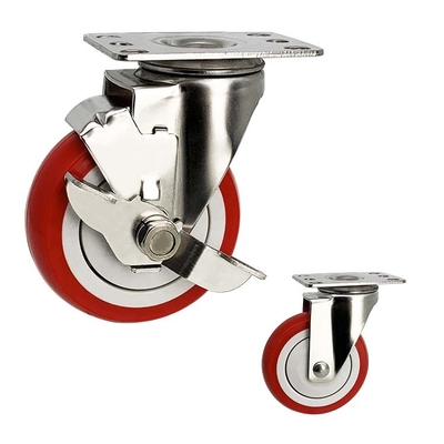 4 Inch Red Polyurethane Swivel Plate Stainless Steel Casters 110kg Load Capacity